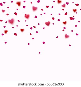 Pink and red hearts confetti falling effect. Flower petals in shape of heart on white background. Vector symbol of love elements for Women Day, Valentine, wedding or greeting card design.