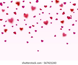 Pink and red hearts confetti falling effect. Flower petals in shape of heart on white background. Vector symbol of love elements for Women Day, Valentine, wedding or greeting card design.