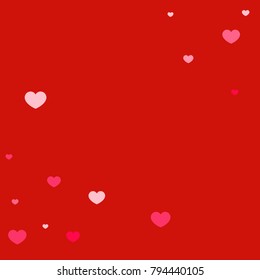 Pink Red Hearts Confetti Falling Background. Valentine's Day Pattern. Romantic Scattered Hearts Cute Texture. Love. Sweet Moment. Card, Banner, Posters, Flyers, Sales, Brochure, Wallpaper. Mother Day.