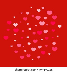 Pink Red Hearts Confetti Falling Background. Valentine's Day Pattern. Romantic Scattered Hearts Cute Texture. Love. Sweet Moment. Card, Banner, Posters, Flyers, Sales, Brochure, Wallpaper. Mother Day.