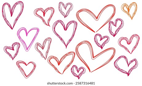 pink and red hearts made of lines, vector