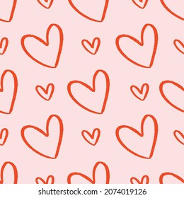 Pink and red hearts pattern repeat. Lovecore kitsch Valentines surface design background print. Pop art vector illustration. Fun and cute seamless repeat surface design for girls, kids and kitsch home