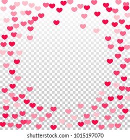 Pink Red Hearts Random Falling  Background. Valentine's Day Pattern. Romantic Scattered Hearts Design Element. Love. Sweet Moment. Gift. Wedding. Anniversary, Birthday. Vector Illustratuion.