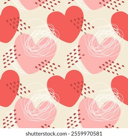 Pink red hearts romantic pattern with doodle, on soft background. For wedding decoration. I love you, symbol. Happy Valentines Day. Vector illustration