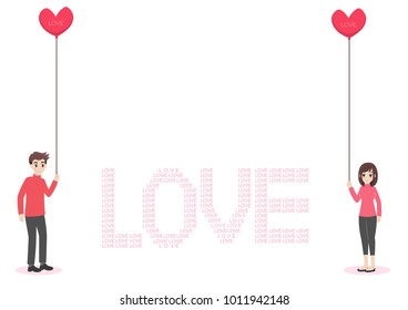 Pink red hearts text love balloon white background cute cartoon character couple in love for valentine's day, greeting invitation wedding card flat design, romance, sweet ,vector illustration.