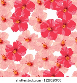 Pink and red Hibiscus seamless pattern