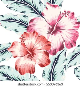 Pink and red hibiscuses with leaves on the white background. Vector seamless pattern with tropical flowers. Light colors.
