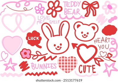 Pink and red illustration of teddy bear, bunny, heart, ribbon, flower, clover leaf for cartoon character, comic, mascot, easter, Valentine card, love sign, plush toy, animal, doll, cute patches, zoo