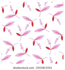 Patrón de hojas y bayas rosas y rojas