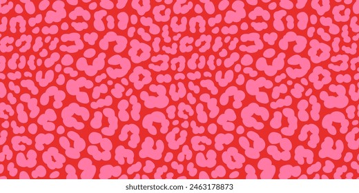 Pink and red leopard skin print seamless pattern. Cheetah skin flat style background in vivid pink color. Hand drawn trendy kidult hot pink on red leopard print background. Cute and fun safari design.