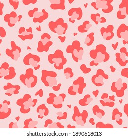 Pink red leopard spots seamless pattern Glamour Cheetah skin background Valentines Day wild cat design. Vector illustration