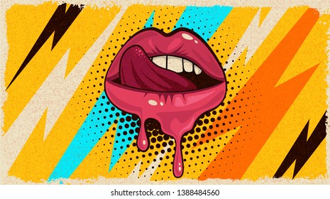 Pink, red lips, mouth and tongue  icon on pop art retro vintage colorful background. Trendy and fashion color illustration easy editable for Your design of poster and banner. 