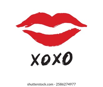 pink red lipstick kiss symbol, hugs and kisses text xoxo. lips xo xo doodle hand drawn icon. Drawing line clipart symbol. Vector illustration