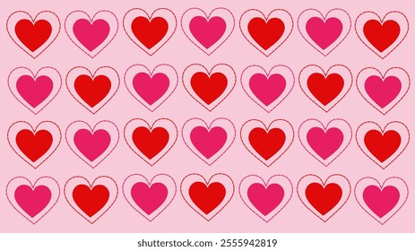 Pink and Red Love Pattern. Romantic Valentine's Day Background with Stripes and Hearts Shapes illustration. 