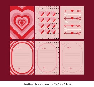 Pink and red love-themed greeting cards with heart and arrow patterns. Ideal for Valentine's Day, anniversaries, or expressing love. Features 'Dear' and 'Love' sections for personal messages.