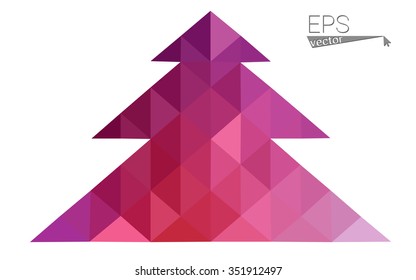 Pink red low polygon style christmas tree vector illustration consisting of triangles. Abstract polygonal origami or crystal design of New Years celebration. Isolated on white background.