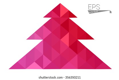 Pink red low polygon style christmas tree vector illustration consisting of triangles. Abstract polygonal origami or crystal design of New Years celebration. Isolated on white background.