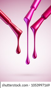 Pink and red nail polish dripping from brushes. Nail lacquer vector background.