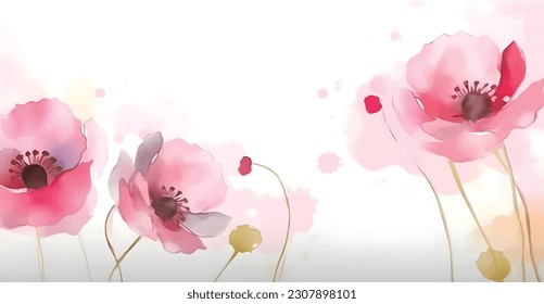 Pink and red of paint brush poppy flowers on white background in middle frame for wallpaper, fabric print.