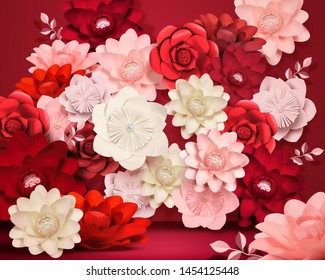 Pink and red paper flowers background in 3d illustration