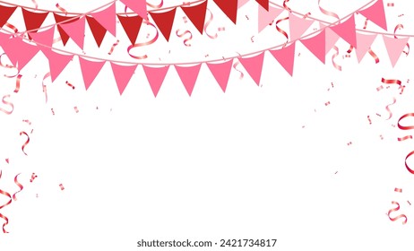 banderas rosadas y rojas de los partidos con confeti cayendo sobre fondo transparente. celebración, felicitación y cumpleaños. ilustración vectorial
