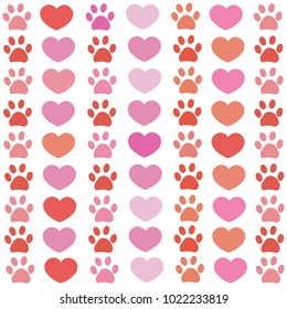 Pink and red paw print with hearts pattern. Happy Valentine's day wallpaper