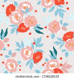 Patrón sin costuras rosado y rojo. Patrón textil suave de vintage floral. Hermoso patrón vector botánico dibujado a mano. Diseño repetible de jardín retro para tela y web. Flores blandas de color rosa sobre gris.