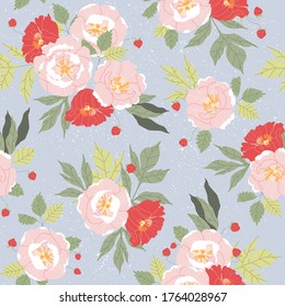 Pink and red peonies seamless pattern. Floral vintage soft textile pattern. Beautiful hand-drawn botanical vector pattern. Retro garden repeatable design for fabric and web. Soft pink florals on blue.