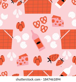 Pink And Red Picnic Seamless Repeat Pattern With Picnic Baskets, Olives, Almonds, Pretzels, Cheese, Crackers, And Wine.