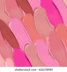 Pink red and purple lipstick smears square background. Beauty and makeup vector illustration. Realistic mesh brush strokes.