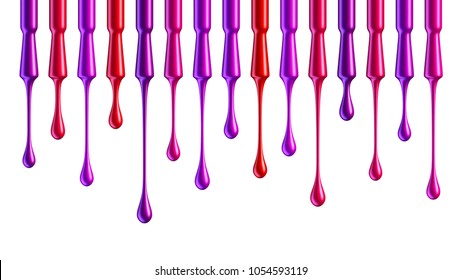 Pink red and purple nail polish dripping from brushes isolated on white background.