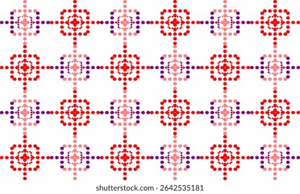 pink, red and purple polka dots in square rectangles grid pattern design for fabric printing as repeat pattern, pink purple circle