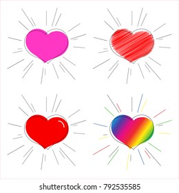 Pink red and rainbow heart with rays Symbol of love and marriage for Valentine's Day Decorative heart for the design of greeting card wedding invitation poster banner template Heart sticker set Vector