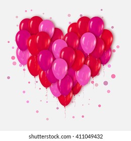 Pink Red Realistic 3d Heart Bunch of  Balloons Flying for Party and Celebrations with confetti. Trendy Design element of Happy Birthday title and confetti or Valentine's day. Vector Illustration.