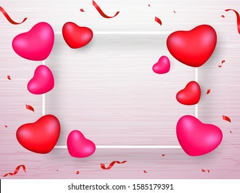 Pink and Red Realistic Hearts and Confetti Ribbon Decorated on White Wooden Texture Background with Space for your Message.