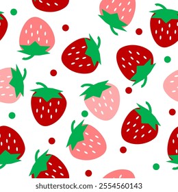 Pink and red repeat seamless pattern with strawberries, replete image, design for fabric printing on white background