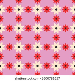 Pink and red retro seamless pattern with cute naive flowers. Floral geometrical background