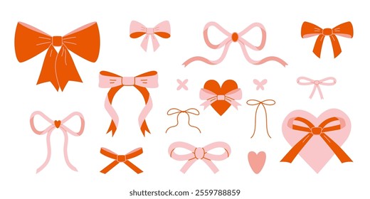 Pink and red ribbon bow set, decorative bowknot for gift packaging. Hearts, romance and valentines day. Coquette and balletcore aesthetic, girly accessory. Trendy isolated vector illustration, flat