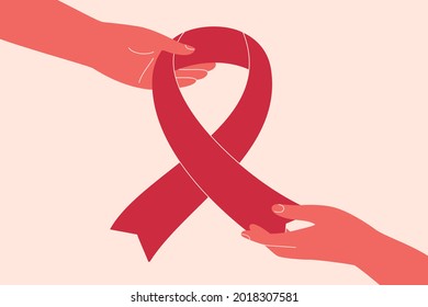 Pink or red ribbon is passing from hand to hand. Breast cancer awareness concept with human arms giving big pink ribbon. Aids symbol. Medical vector illustration.