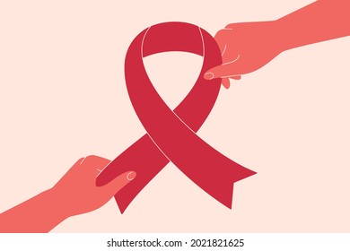 Pink or red ribbon is passing from hand to hand. Breast cancer awareness concept with human arms giving big pink ribbon. Aids symbol. Medical vector illustration.