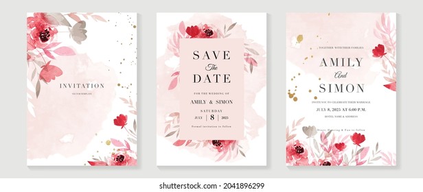 Juego de vectores de invitación a boda floral color rosa y rojo rosa con color de agua floral. Diseño de diseño de fondo y plantilla de lujo para tarjeta de invitación, tarjeta de invitación VIP y plantilla de portada.