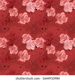 Pink and red roses create a bright seamless pattern for textile, vector drawing, boho style