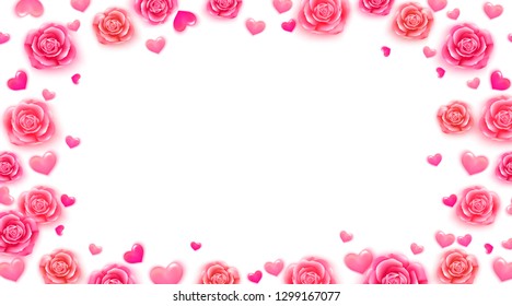 Pink and red roses, hearts. Romantic background for Valentine's day, 8 March, wedding invitation.