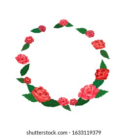 Pink and red roses with leaves in round wreath on white isolated background.