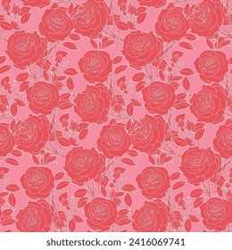 Pink Red Roses Line Drawing Seamless Pattern Repeat