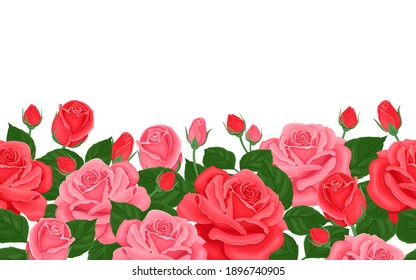 Pink and red roses seamless border. Horizontal floral frame. Vector illustration of beautiful flowers, buds and green leaves in cartoon flat style.