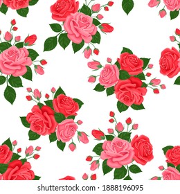 Rosa und rote Rosen nahtloses Muster. Bouquets mit schönen Blumen und grünen Blättern einzeln auf Weiß. Vektorfestival-Illustration im Cartoon-Stil. Blumenhintergrund.