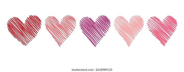 Pink and red scribble pen hatching hearts love icon. Romantic decorative elements. Symbol love, friendship or care, hand drawn doodle hearts set. Vector illustration