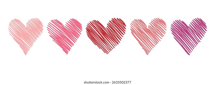 Pink and red scribble pen hatching hearts love icon. Romantic decorative elements. Symbol love, friendship or care, hand drawn doodle hearts set. Vector illustration