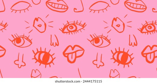 Pink red seamless pattern with eyes, lips, noses, quirky doodle vector illustration